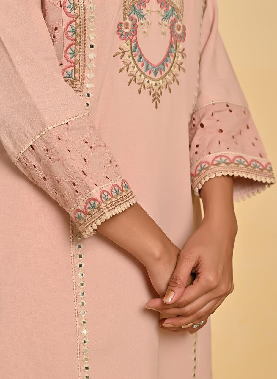 Nude Pink Schiffili Embroidered Cotton Co-Ord Set With 3/4Th Sleeves