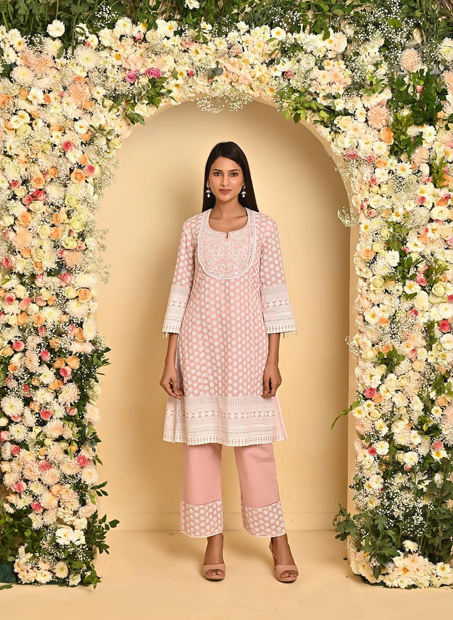Pink Long All Over Embroidered Kurta Set