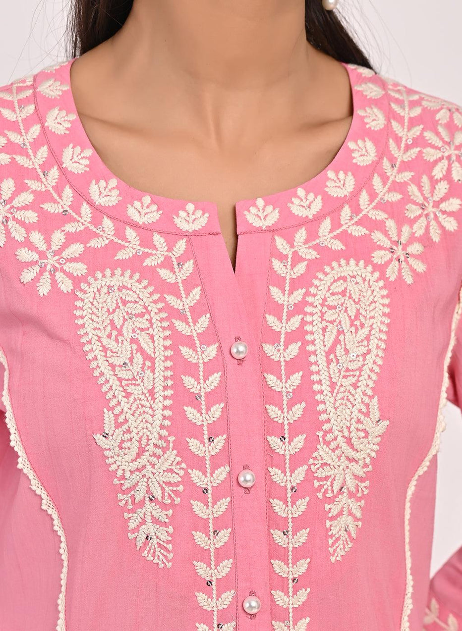 Pink Round-Neck Embroidered Straight Kurta For Women