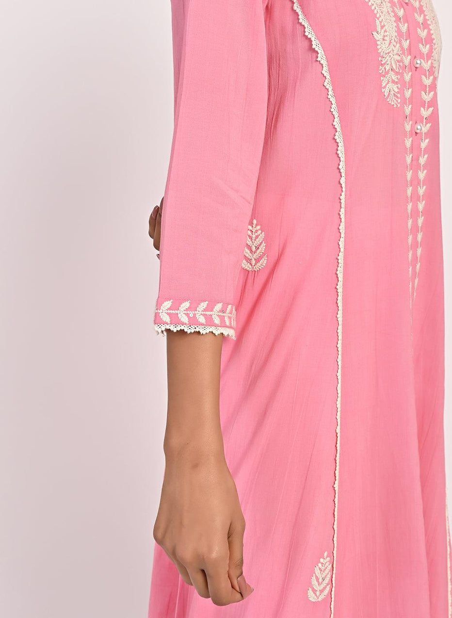 Pink Round-Neck Embroidered Straight Kurta For Women