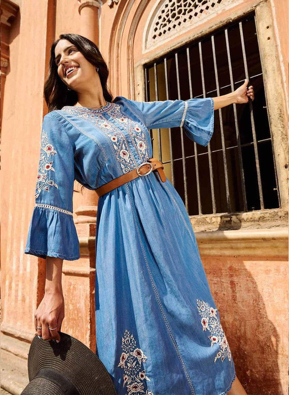Blue Embroidered Dress With Bell Sleeve & 3/4Th Sleeves