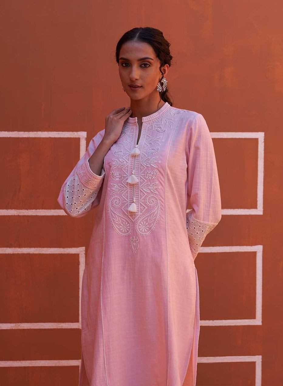 Pink Embroidered Kurta With Asymmetric Hem And Schiffili Detailing On The Sleeves