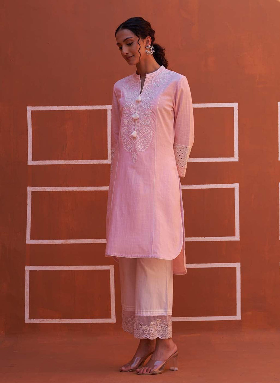 Pink Embroidered Kurta With Asymmetric Hem And Schiffili Detailing On The Sleeves