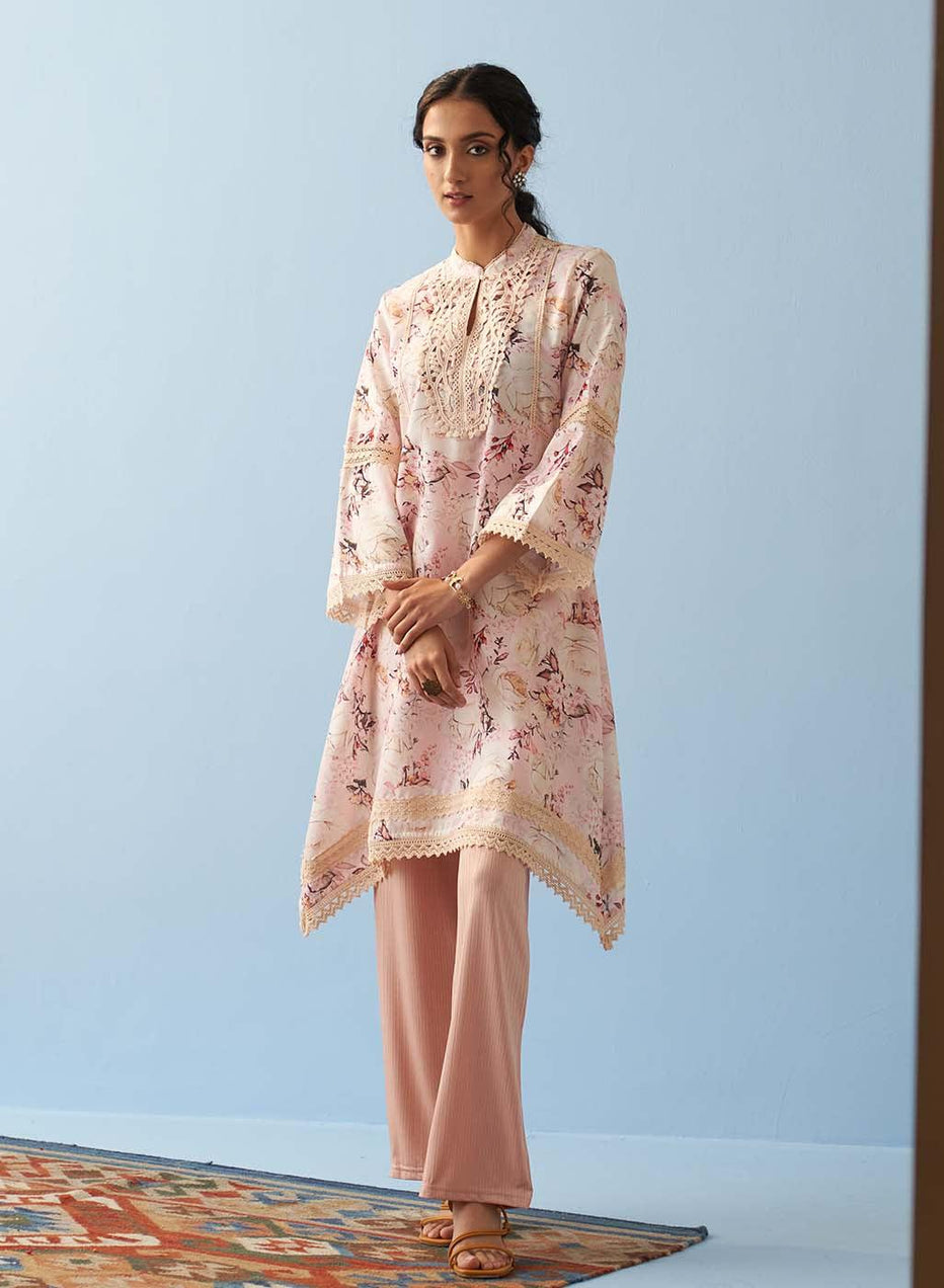 Pink Floral Printed Loose Fit Kurta With Lace Inserts