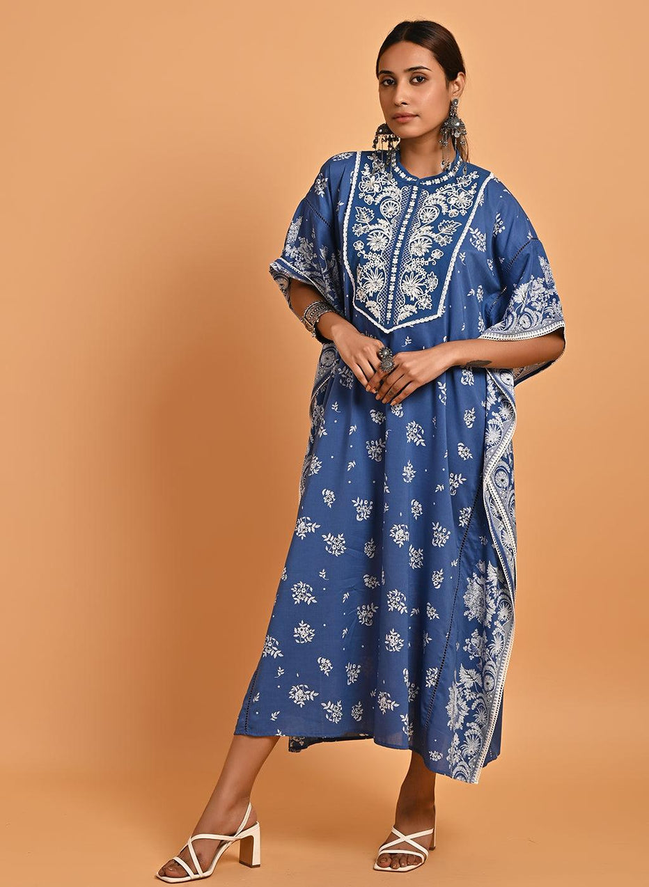 Blue Cotton Printed Kaftan Kurta With Embroidery