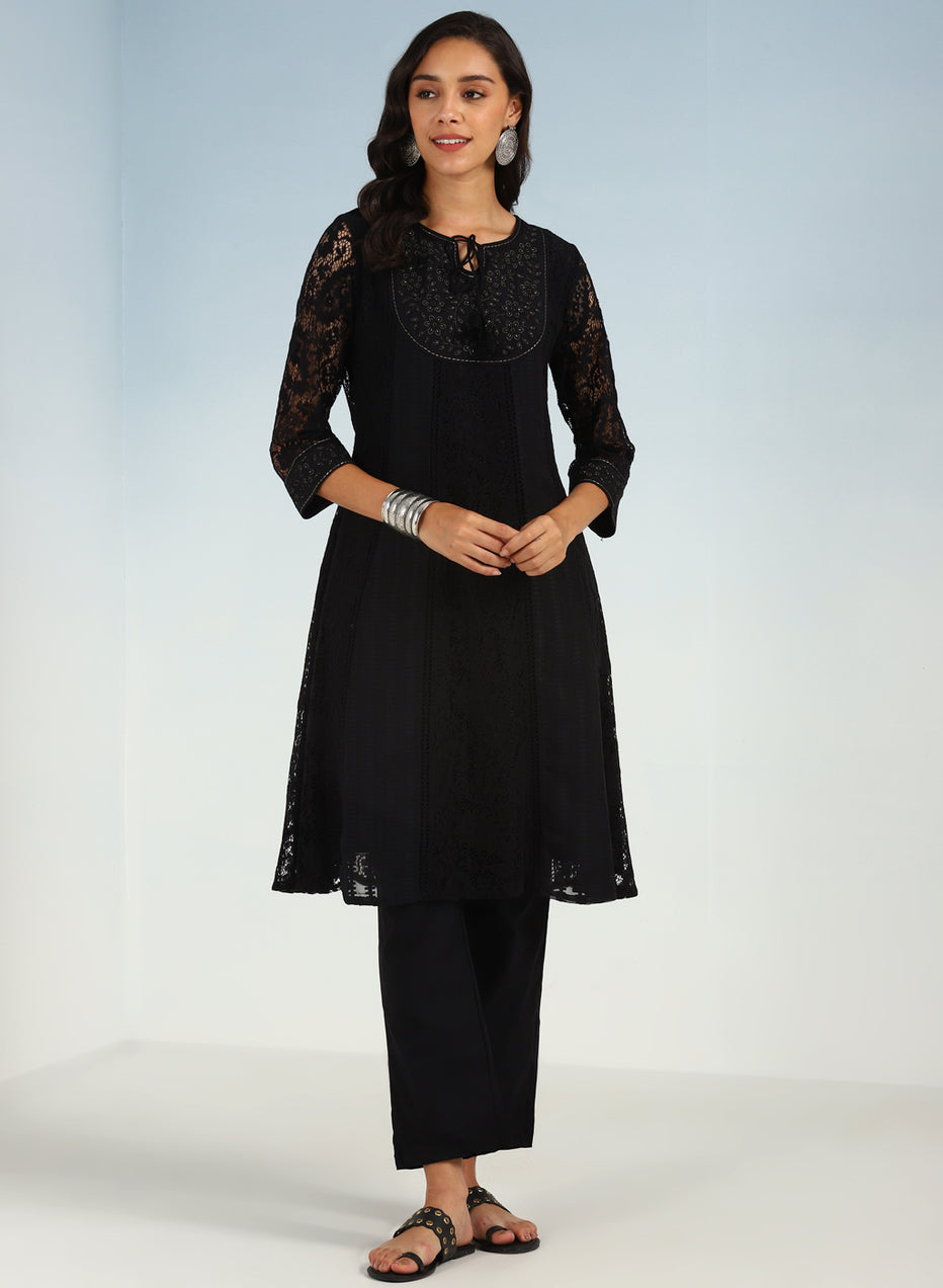 Black A Line Kalidaar Raschel Dress With Tassels