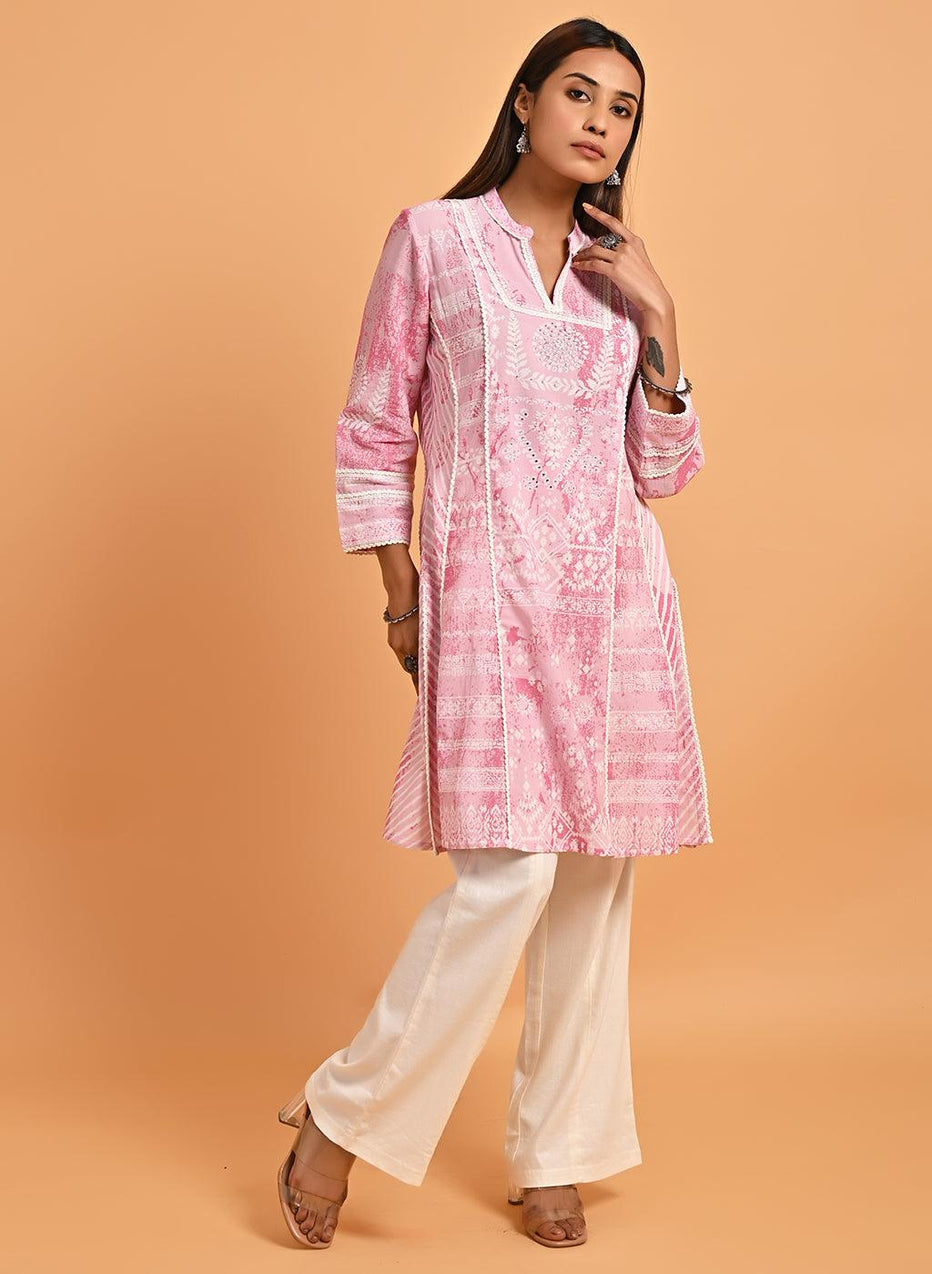 Pink Printed Short Kurti For Women With Lace Detailing