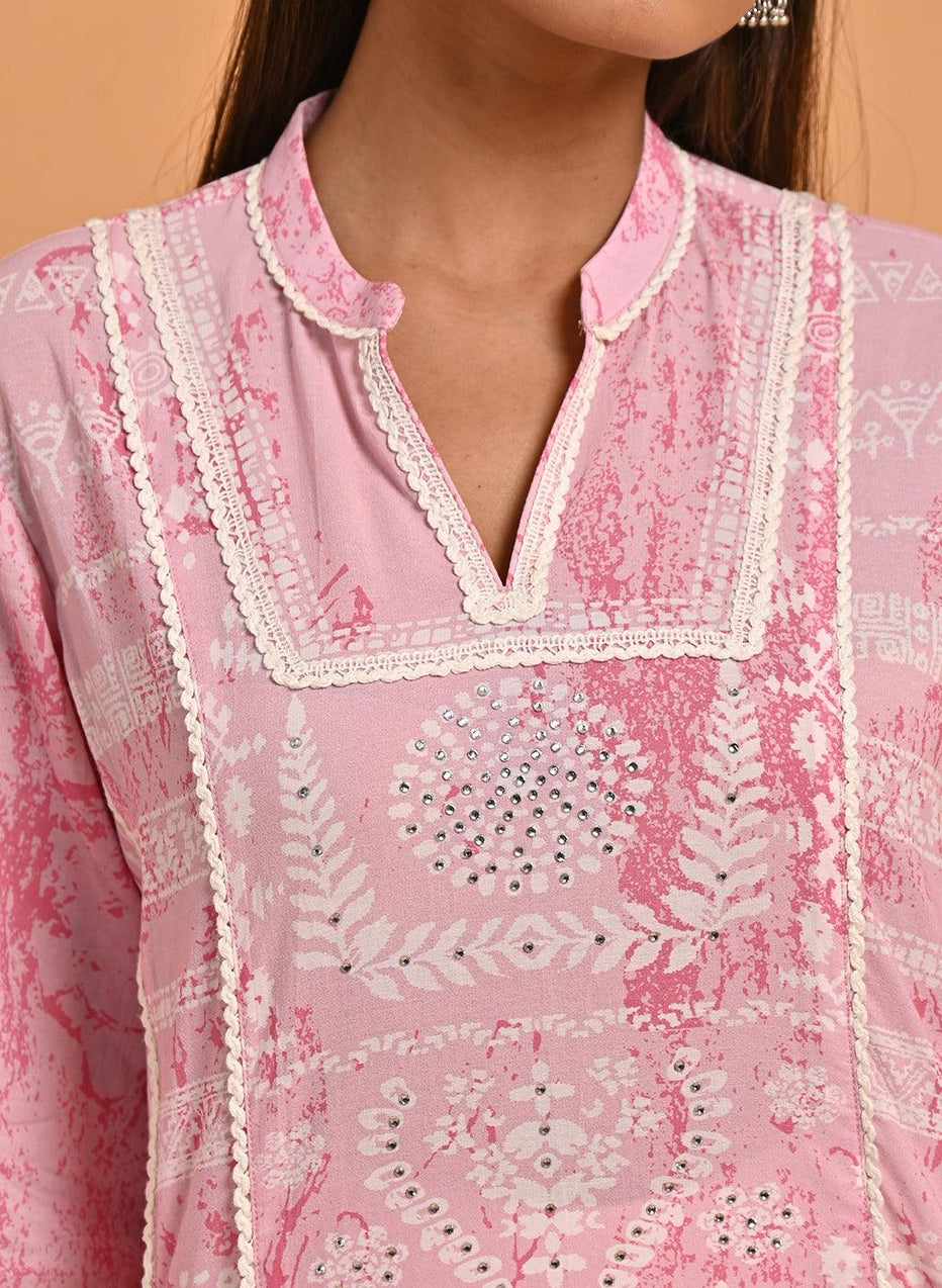 Pink Printed Short Kurti For Women With Lace Detailing
