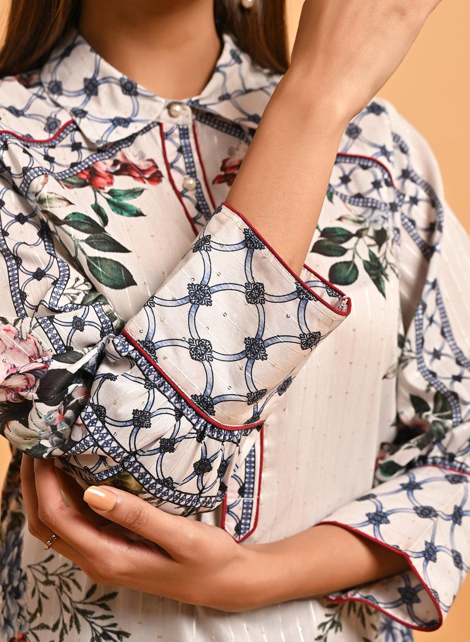 Ivory Floral Printed Button Down Kurti With Sequin Work
