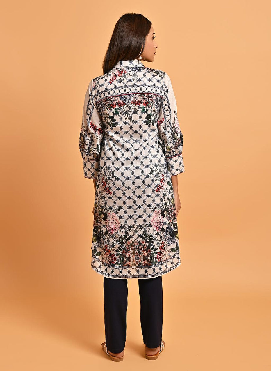 Ivory Floral Printed Button Down Kurti With Sequin Work