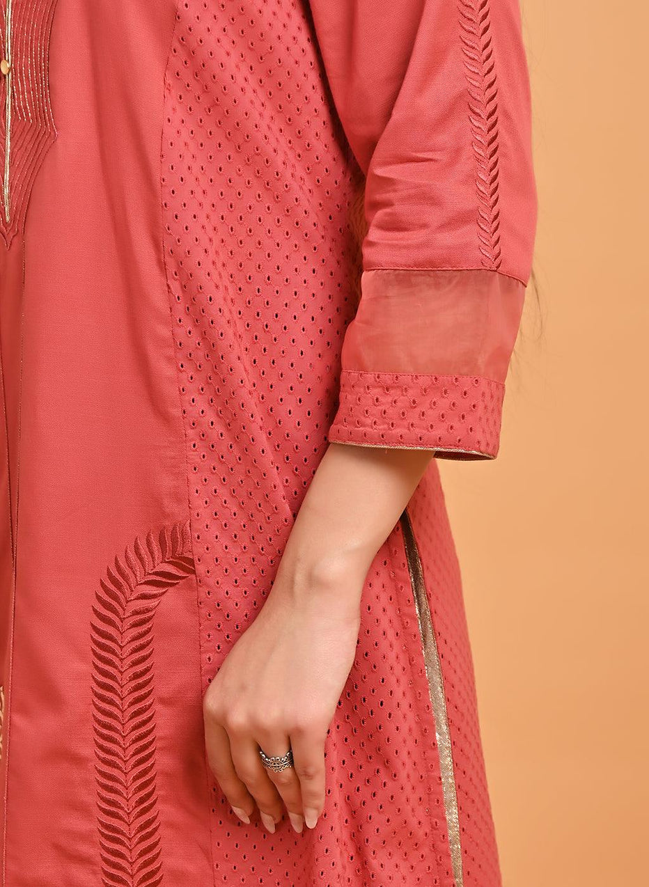 Light Maroon Embroidered Cotton Kurta With 3/4Th Sleeves And Asymmetrical Hem
