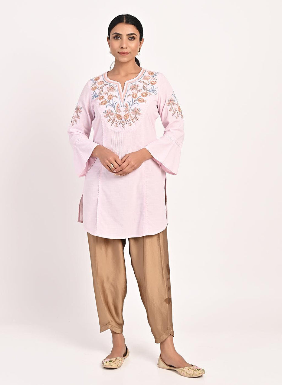 Pink Cotton Kurti With Floral Embroidery