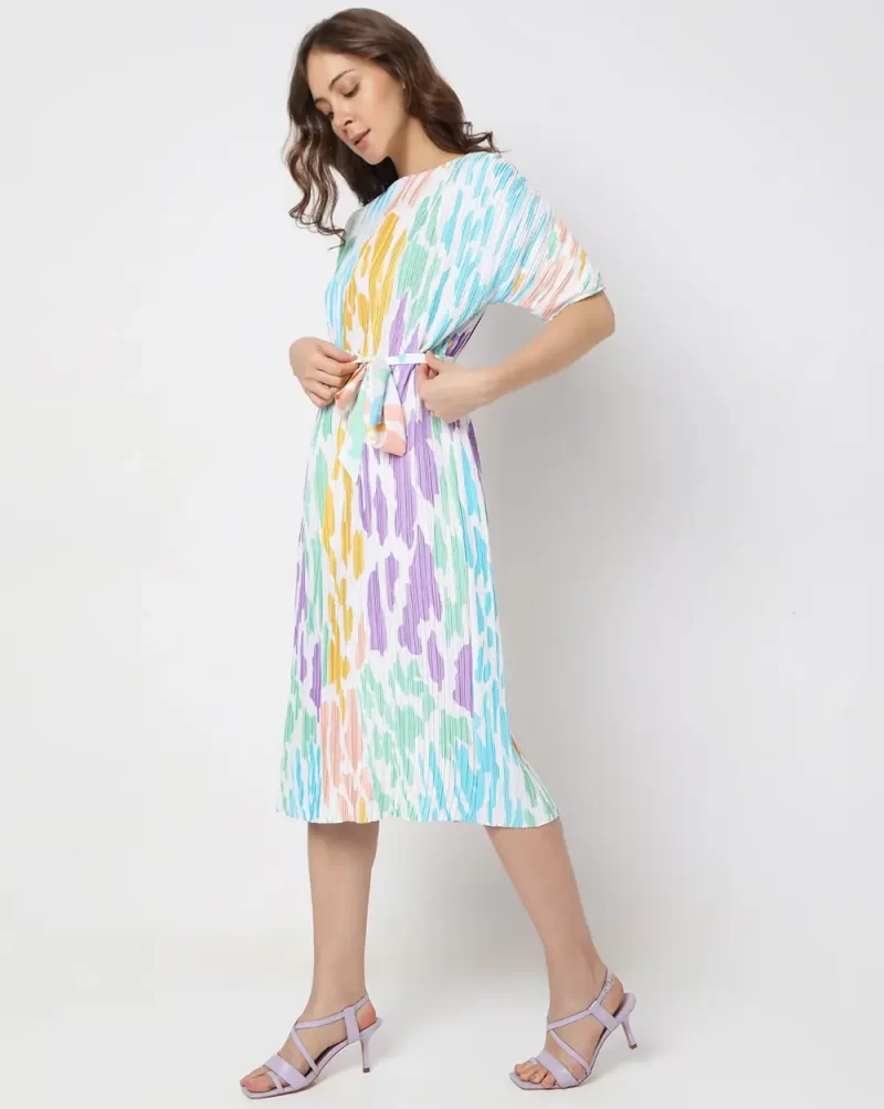 WHITE COLOURBLOCKED PLEATED MIDI DRESS