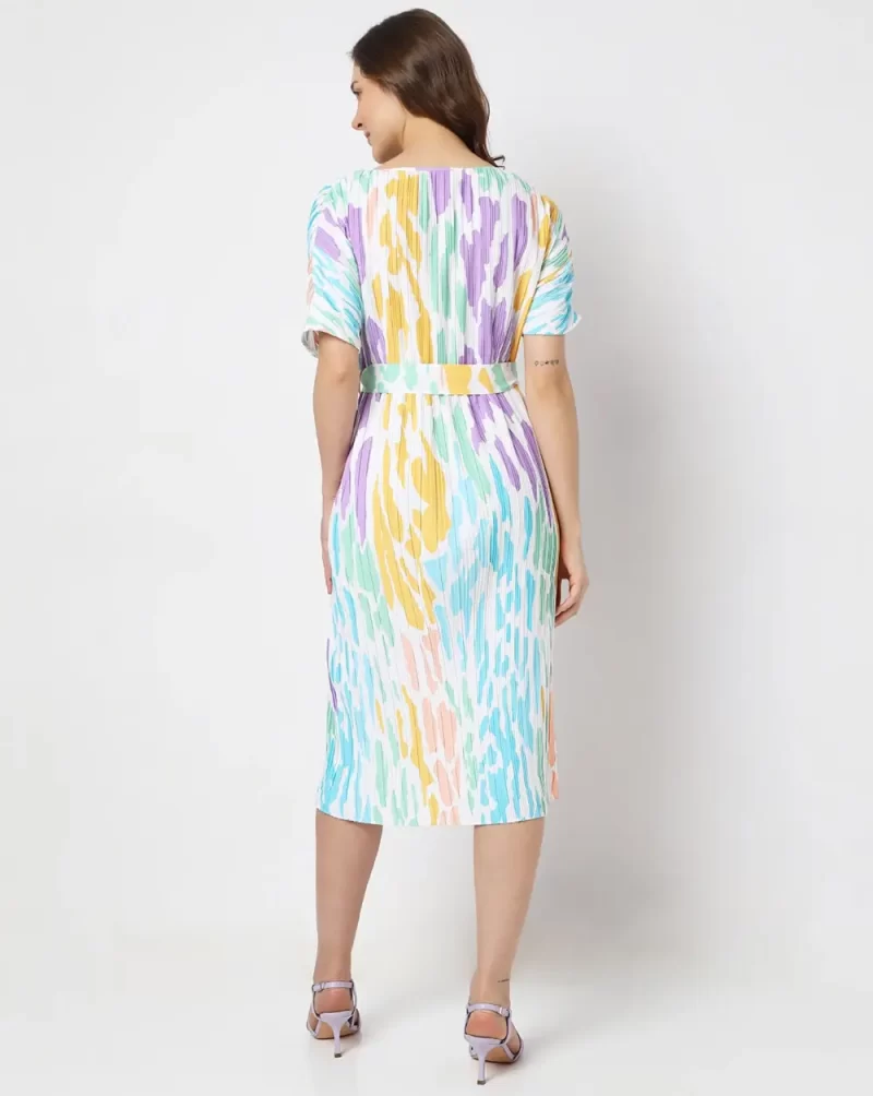 WHITE COLOURBLOCKED PLEATED MIDI DRESS