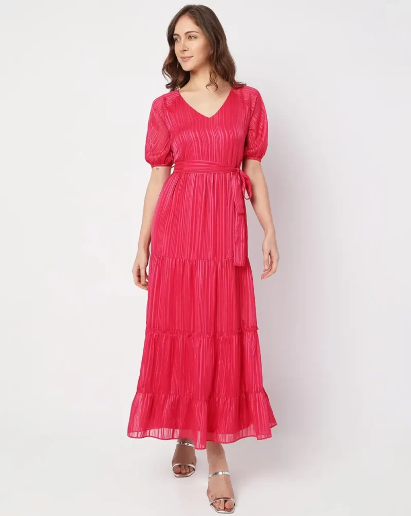 Buy Pink Striped Tiered Maxi Dress Online at Best Price in India ...