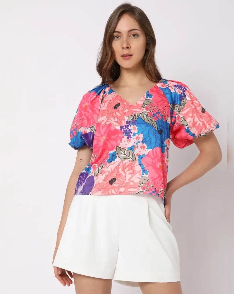 PINK FLORAL BALLOON SLEEVE TOP