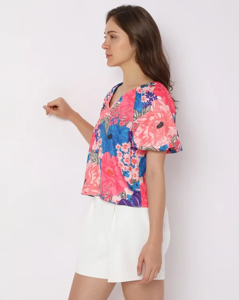 PINK FLORAL BALLOON SLEEVE TOP