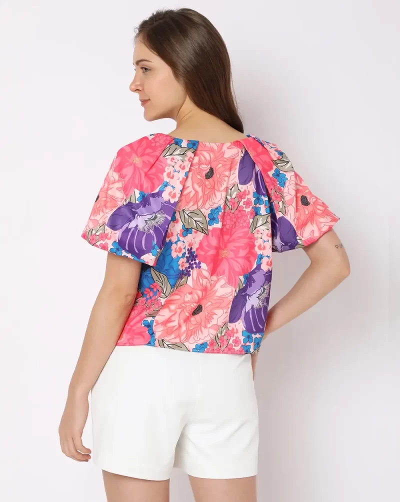 PINK FLORAL BALLOON SLEEVE TOP