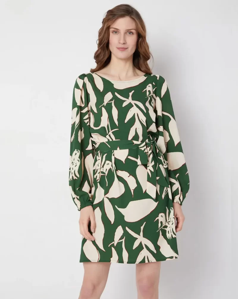 GREEN & BEIGE PRINTED SHIFT DRESS