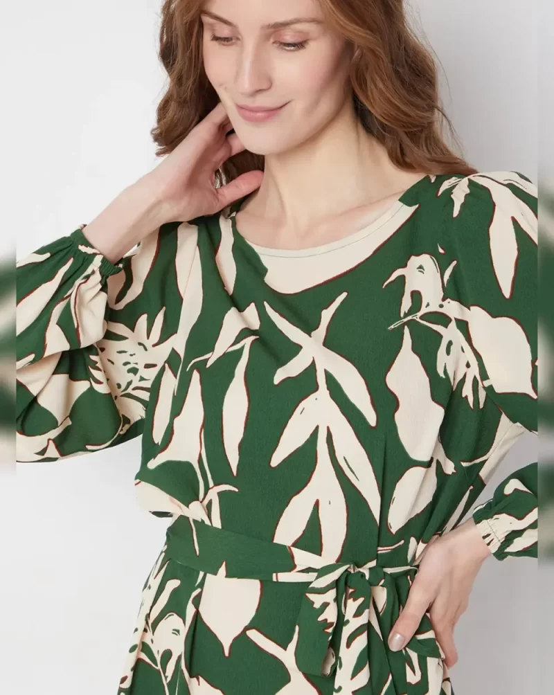 GREEN & BEIGE PRINTED SHIFT DRESS