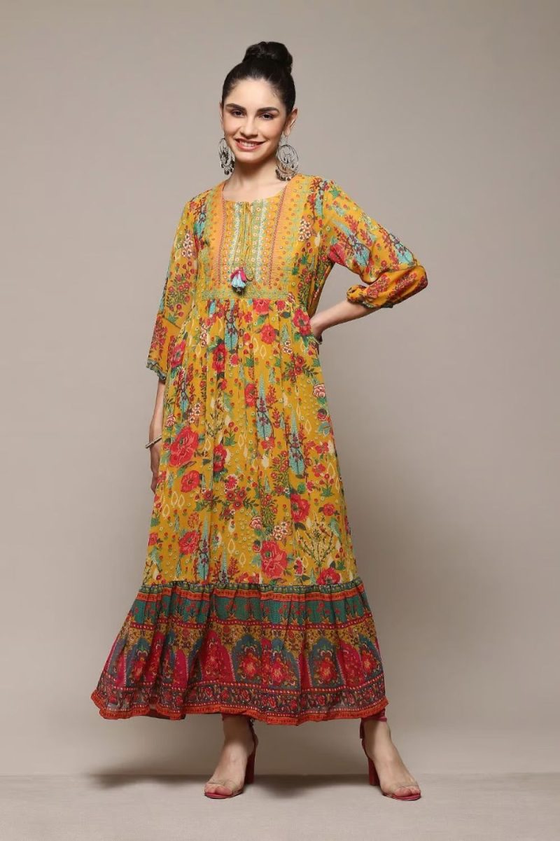 Yellow Polyester Tiered Printed Dress