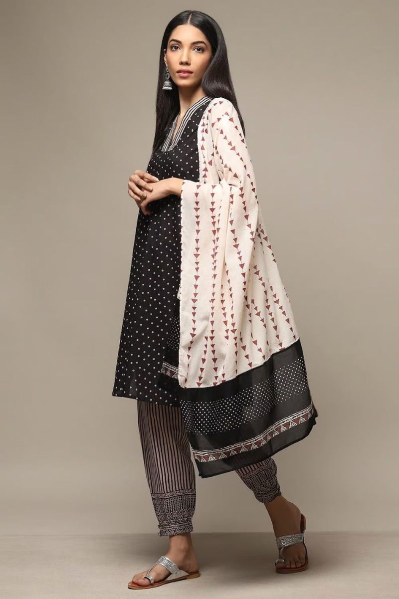 Black Cotton Straight Kurta Salwar Suit Set