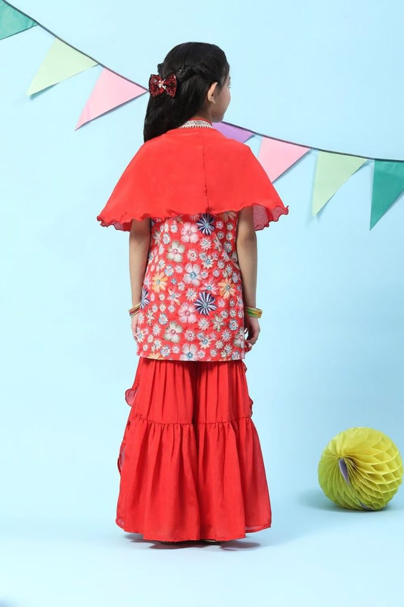 Red Polyester A-Line Printed Kurta Sharara Suit Set