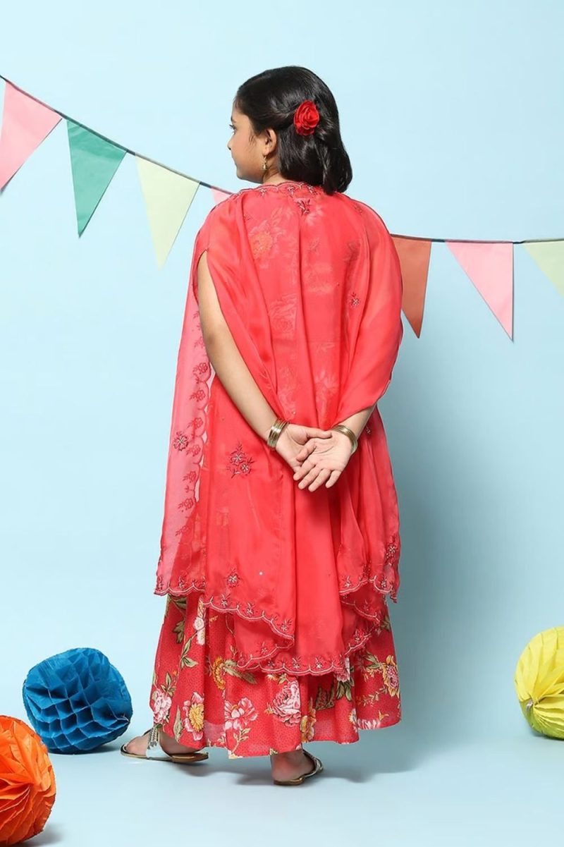 Red Polyester Short Kurta Printed Suit Set