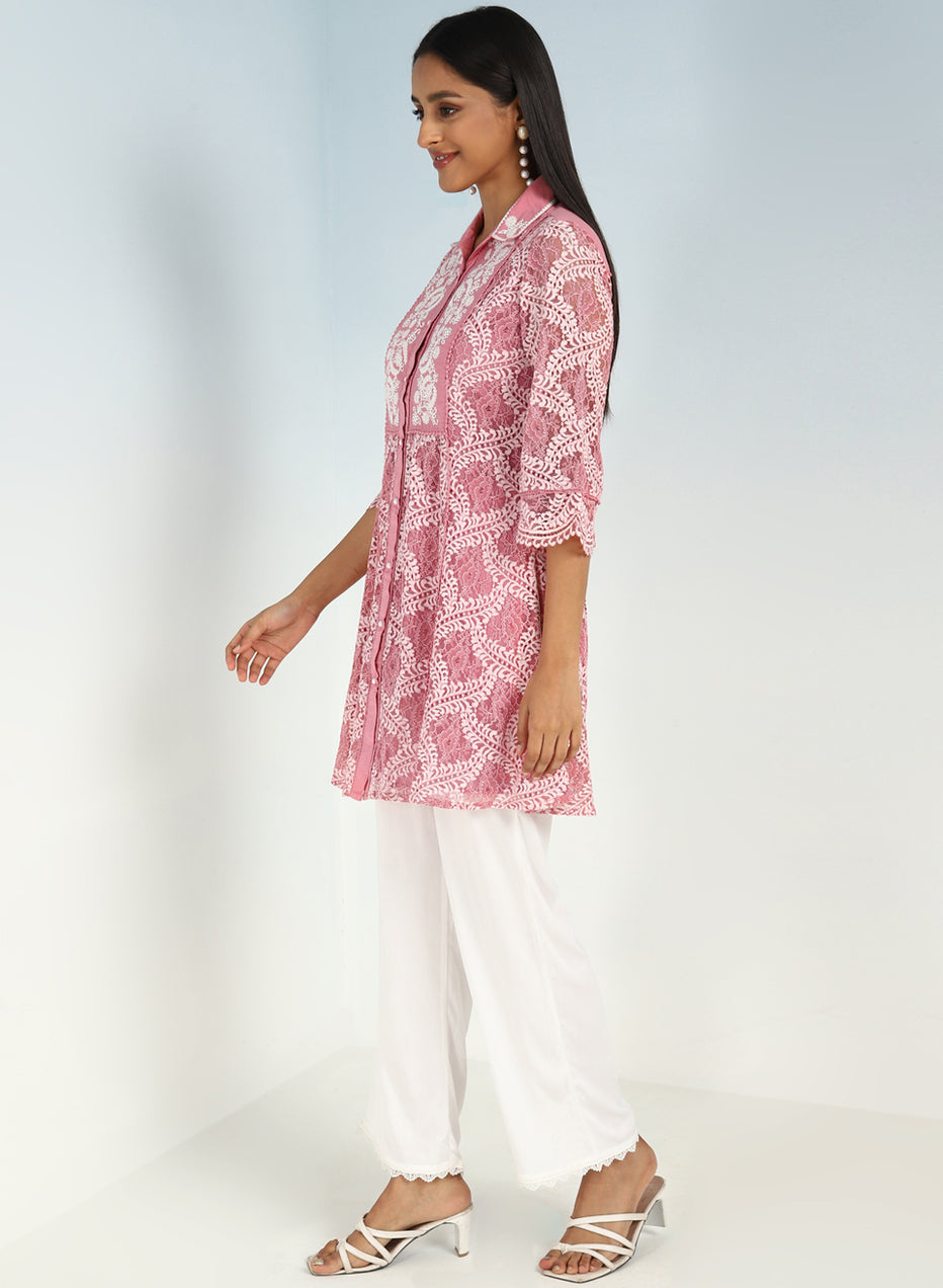 Peach Lace Collared Tunic For Women