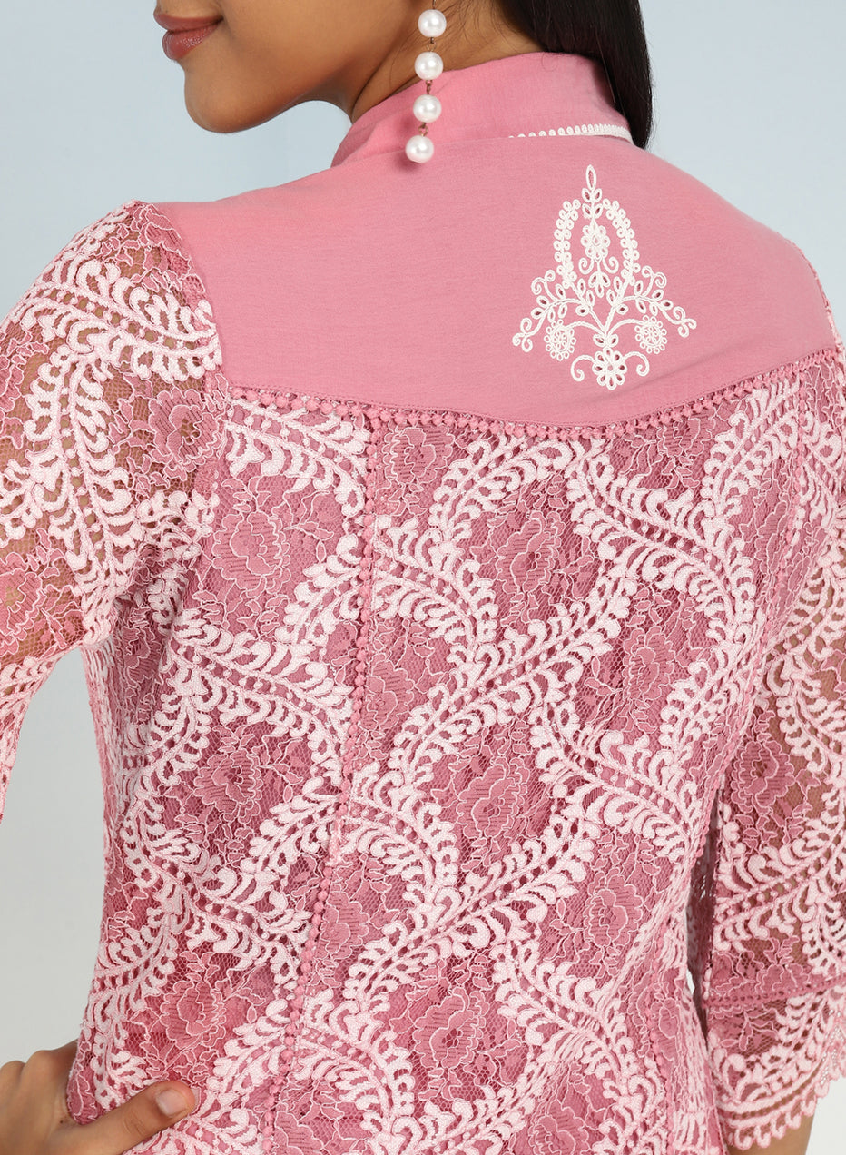 Peach Lace Collared Tunic For Women