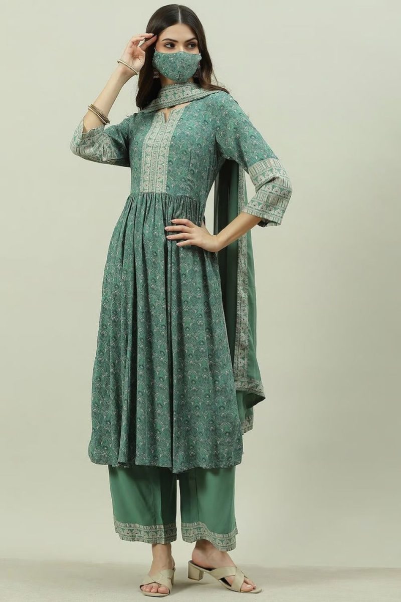 Sage Green Rayon A-Line Shoot Set Kurta Palazzo Suit Set