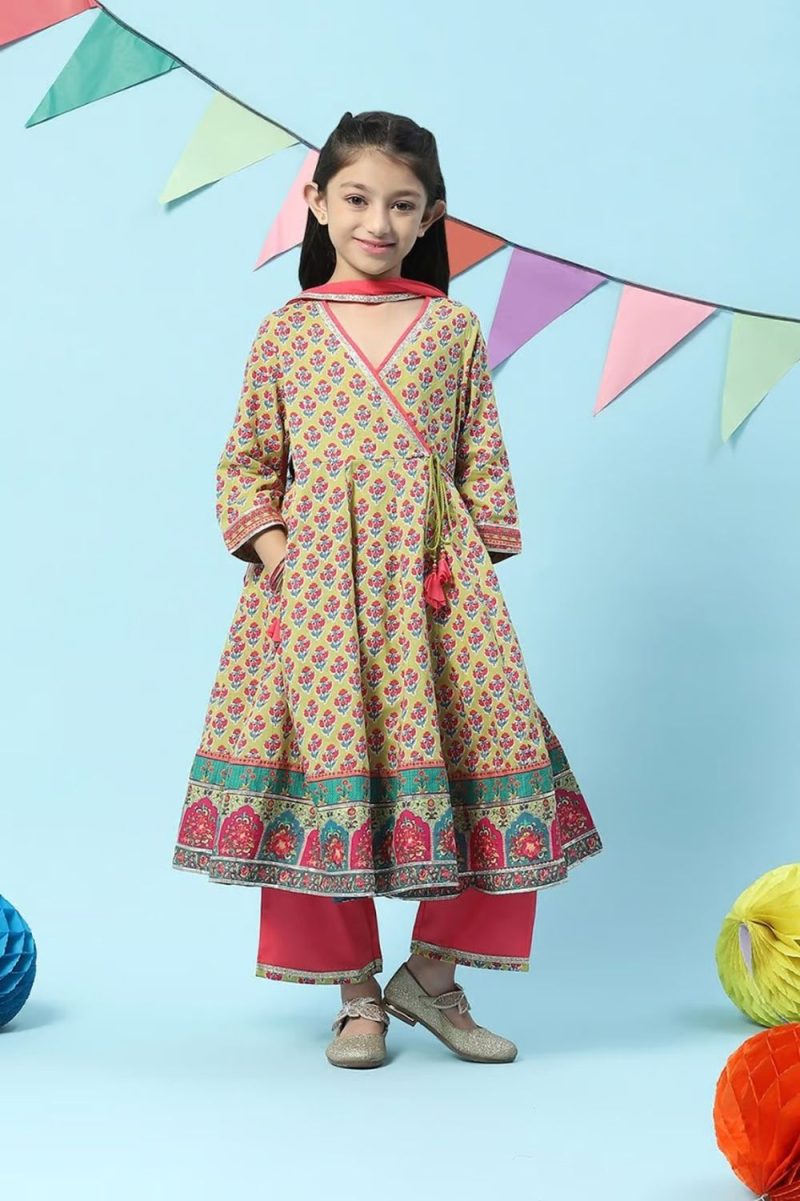 Lime Green & Pink Cotton Front Open Printed Kurta Palazzo Suit Set