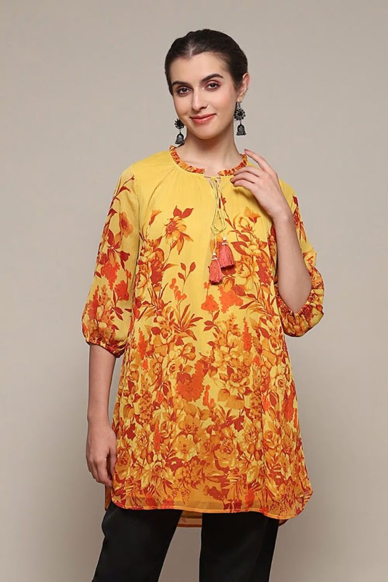 Yellow Polyester Straight Printed Top