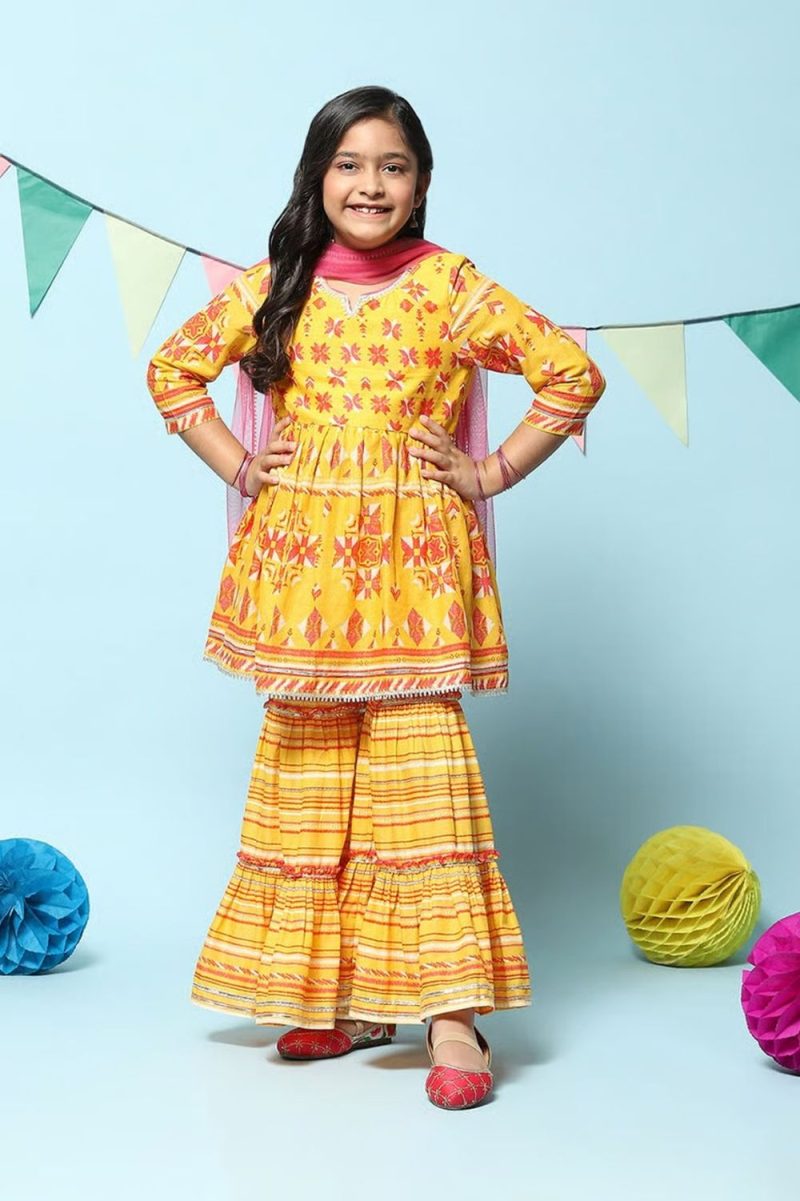 Yellow Cotton Gathered Printed Kurta Sharara Suit Set