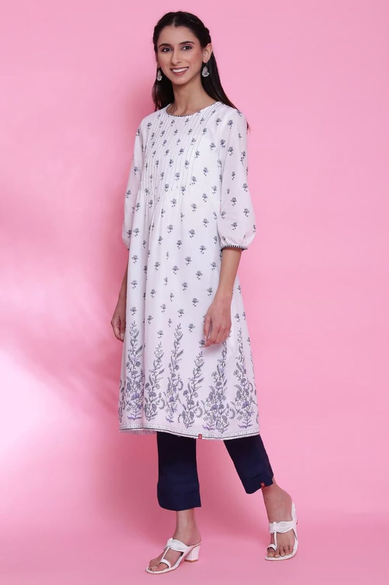White And Blue Cotton Printed Kurta Dress