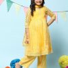 Yellow Nylon Flared Embroidery Kurta Palazzo Suit Set