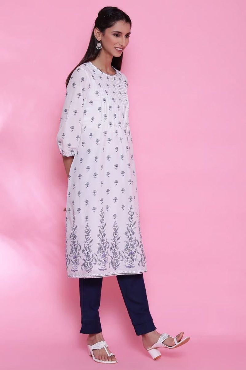 White And Blue Cotton Printed Kurta Dress