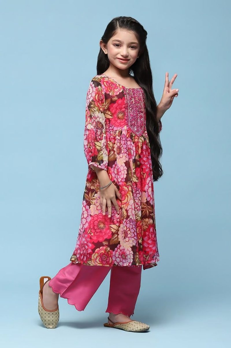 Pink Polyester Gathered Printed 2 Piece Set