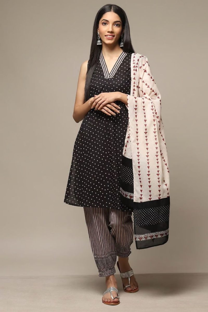 Black Cotton Straight Kurta Salwar Suit Set