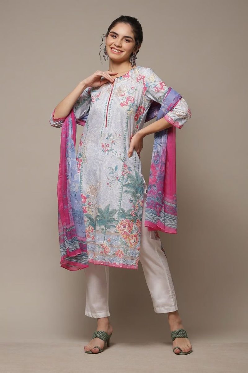 Powder Blue Cotton Straight Kurta Pant Suit Set