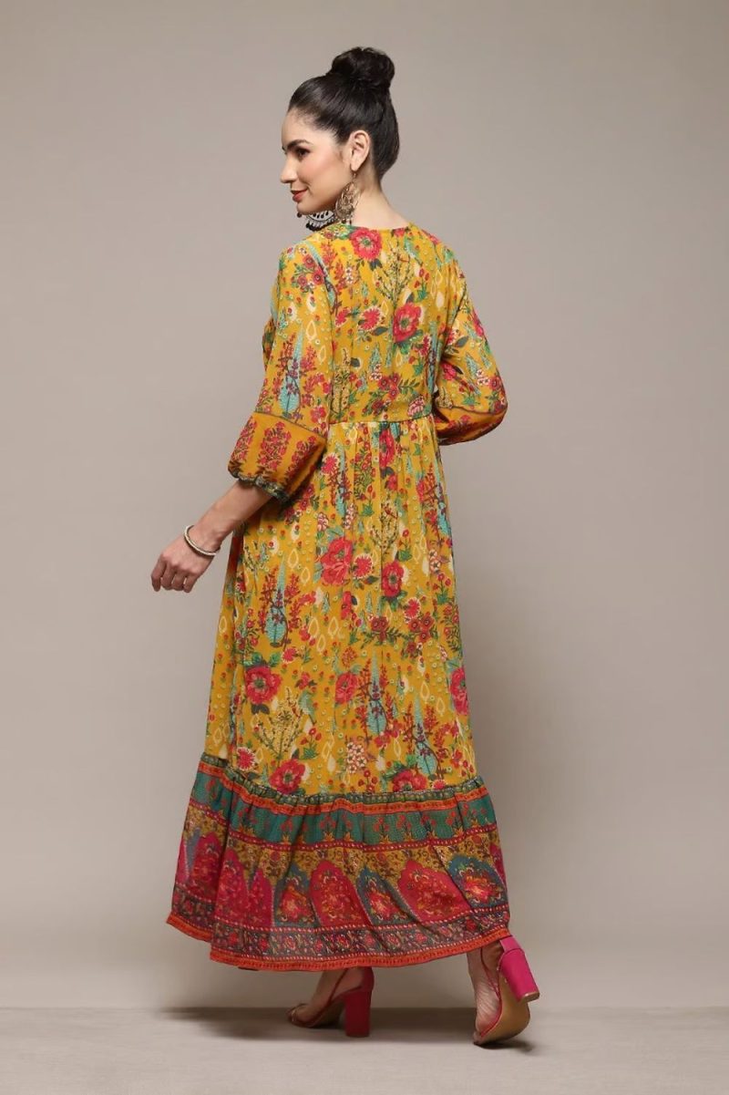 Yellow Polyester Tiered Printed Dress