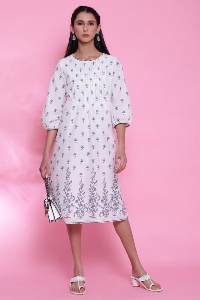 White And Blue Cotton Printed Kurta Dress
