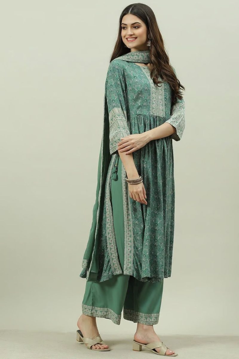 Sage Green Rayon A-Line Shoot Set Kurta Palazzo Suit Set