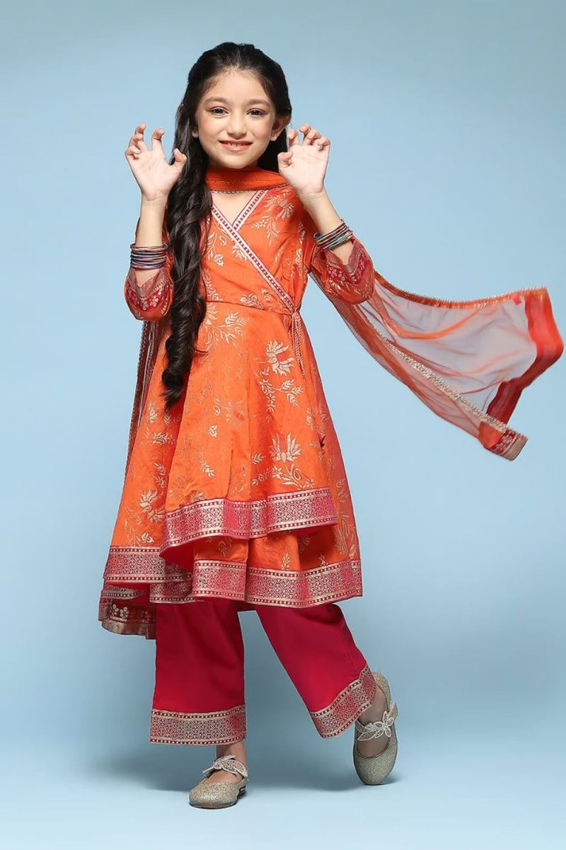 Orange Polyester Front Open Printed Suit Set