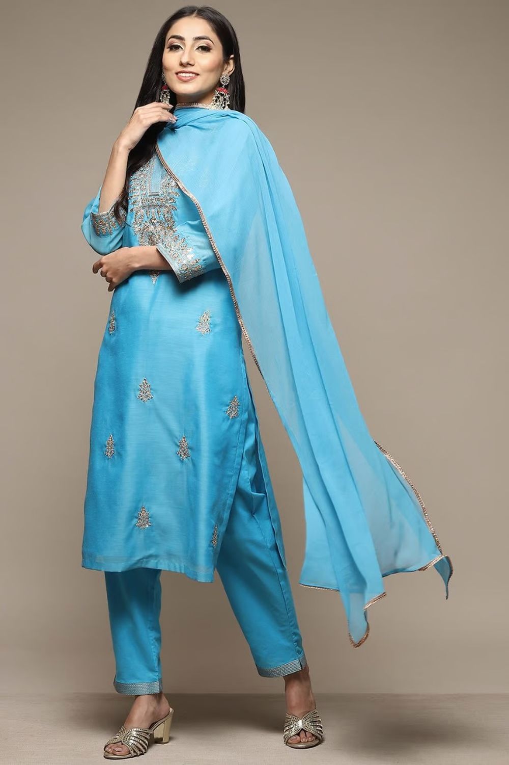 Buy Electric Blue Cotton Blend Straight Kurta Pant Suit Set Online at