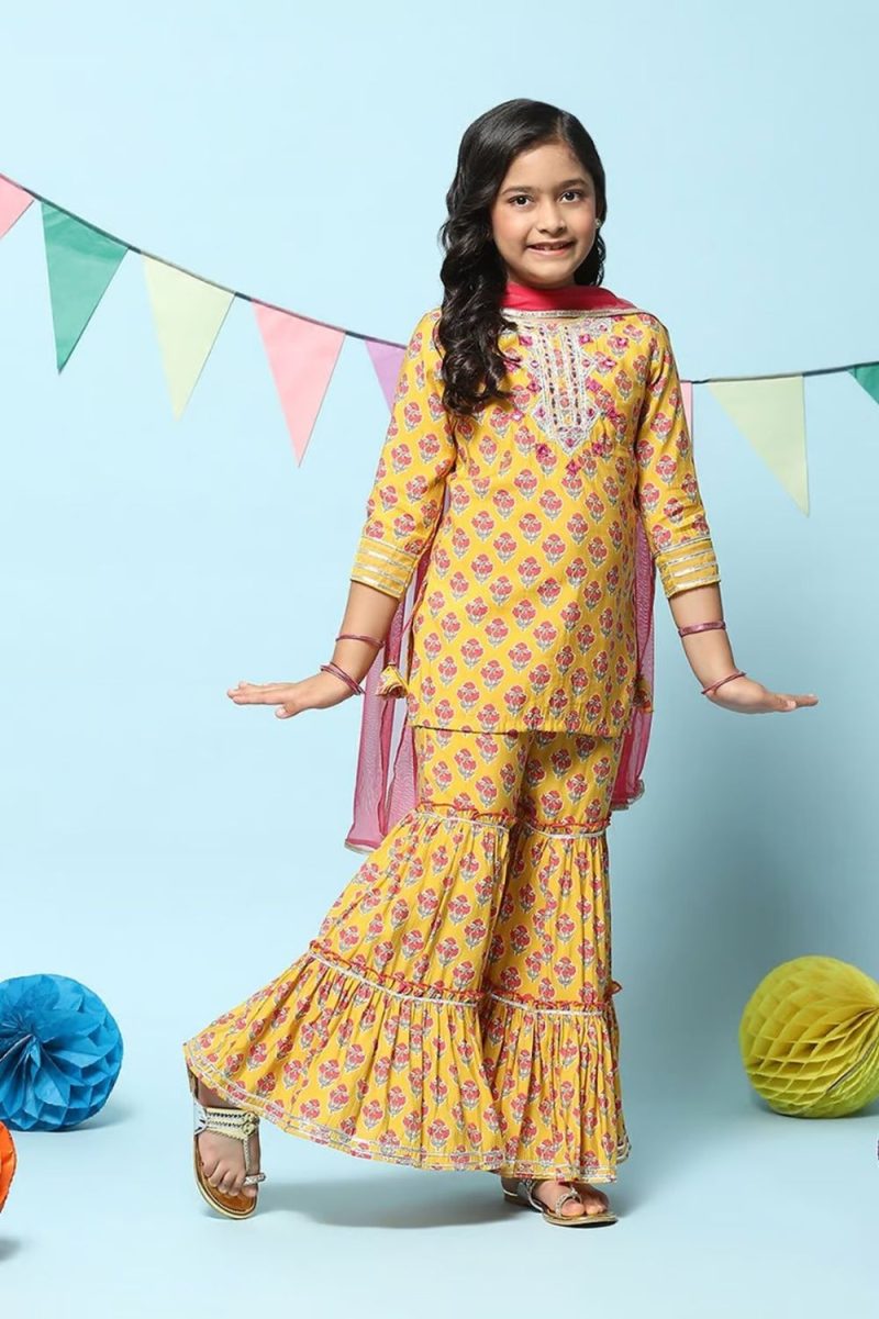 Yellow Poly Viscose Straight Printed Kurta Sharara Suit Set