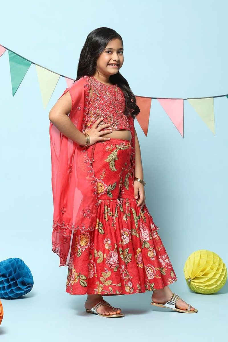 Red Polyester Short Kurta Printed Suit Set