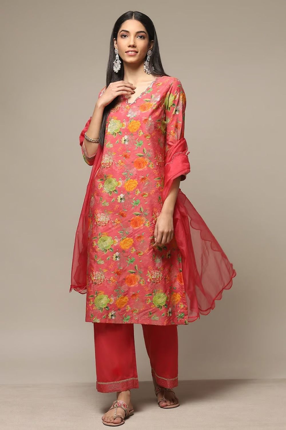 Buy Coral Pink Cotton Blend Straight Kurta Pant Suit Set Online at Best