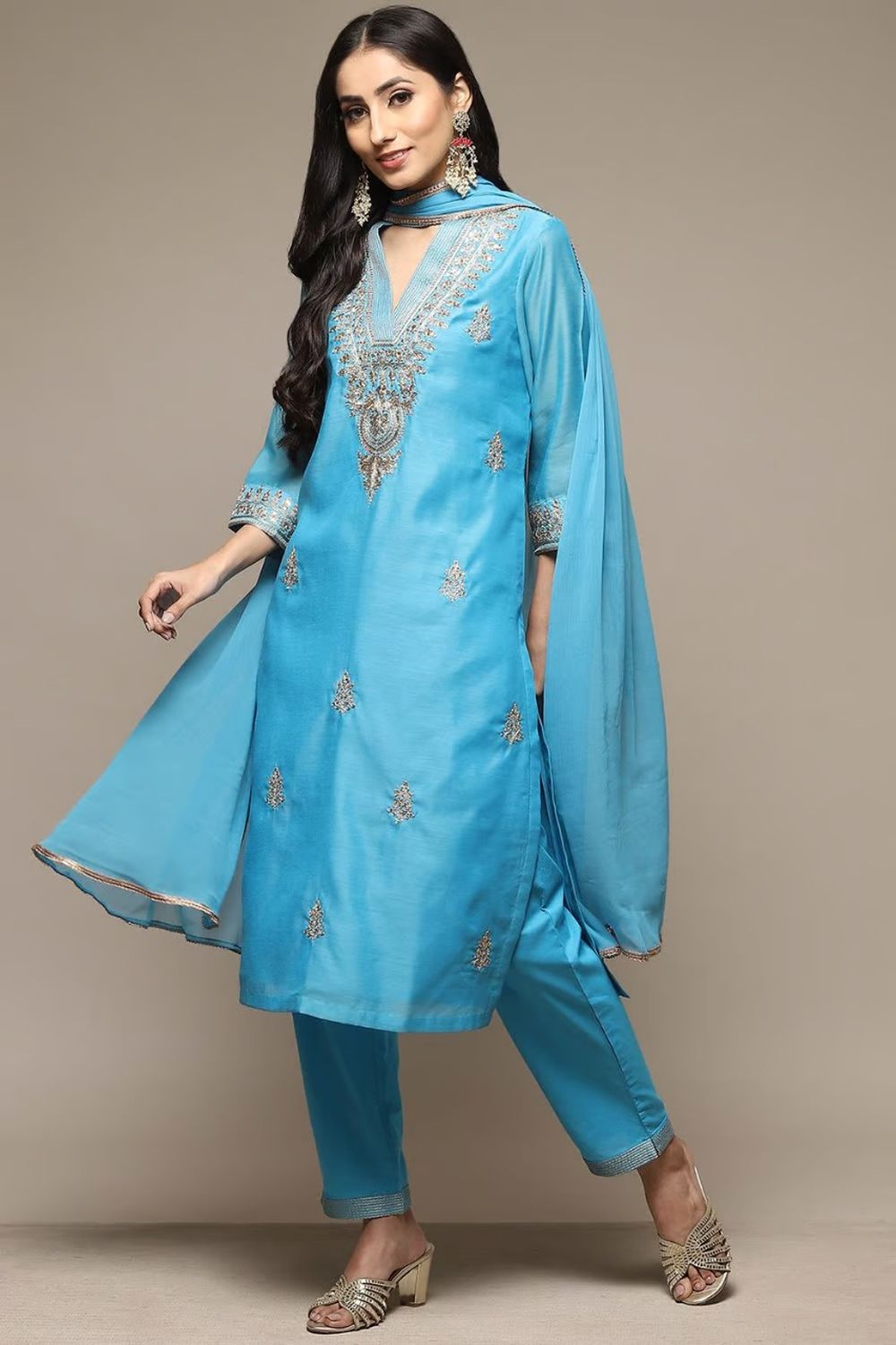 Buy Electric Blue Cotton Blend Straight Kurta Pant Suit Set Online at