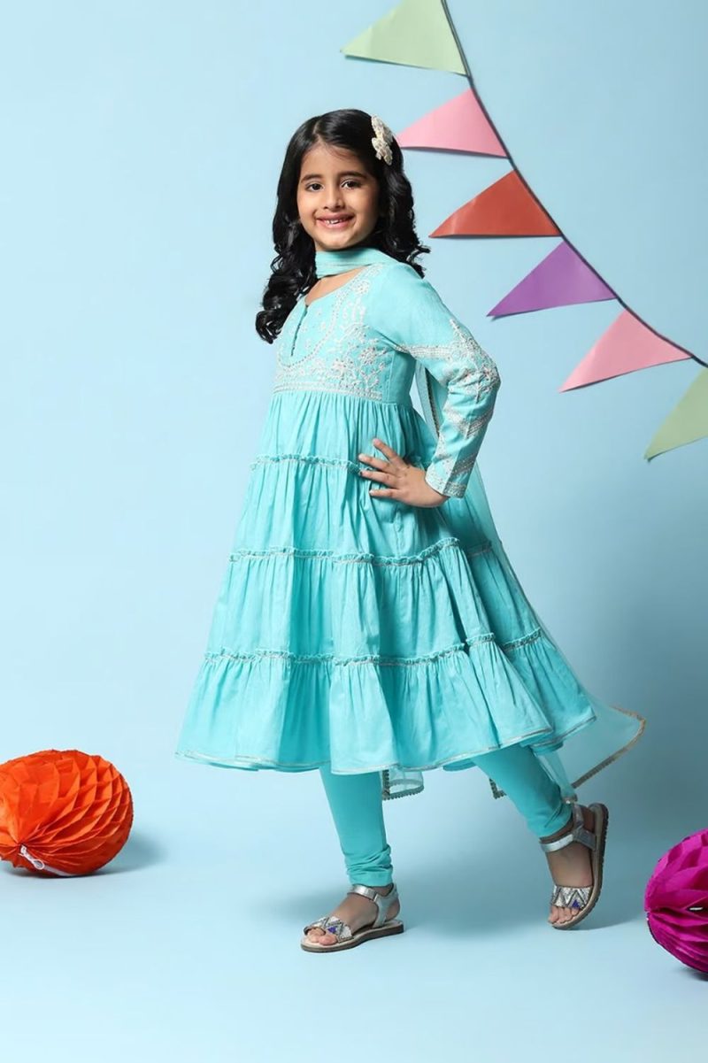 Turquoise Cotton Blend Tiered Kurta Churidar Suit Set